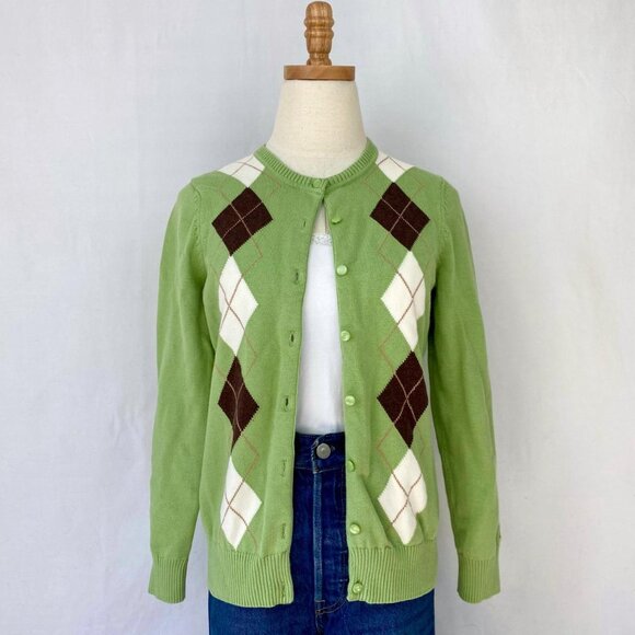 Lime Green Argyle Button Up Cardigan - Picture 1 of 5